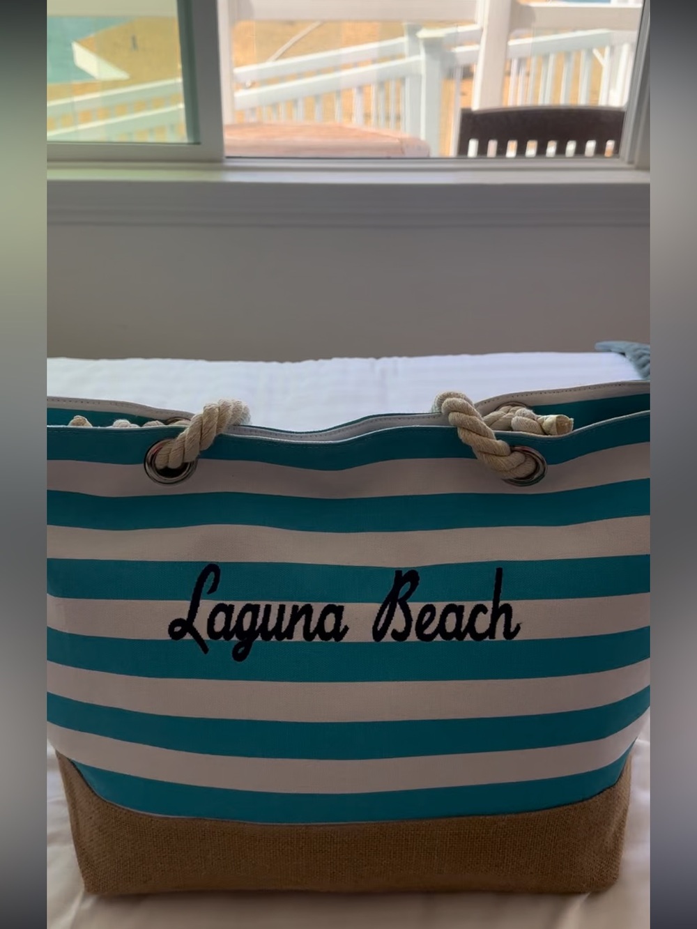 Laguna Beach Striped Tote Bag in Teal and White